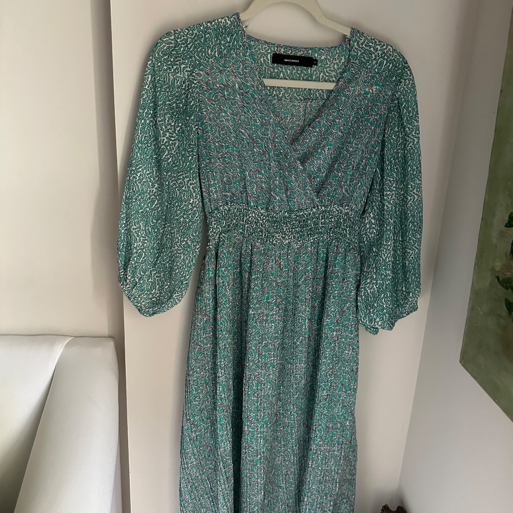 Pleated Summer Dress - Blue Aqua Geometric Print, Long sleeve modest midi dress